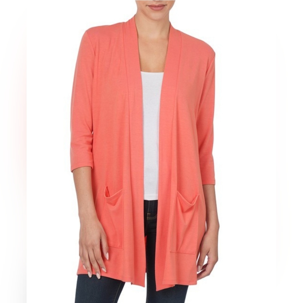 Zenana Open Cardigan with Pockets in Regular and Plus Sizes - Deep Coral
